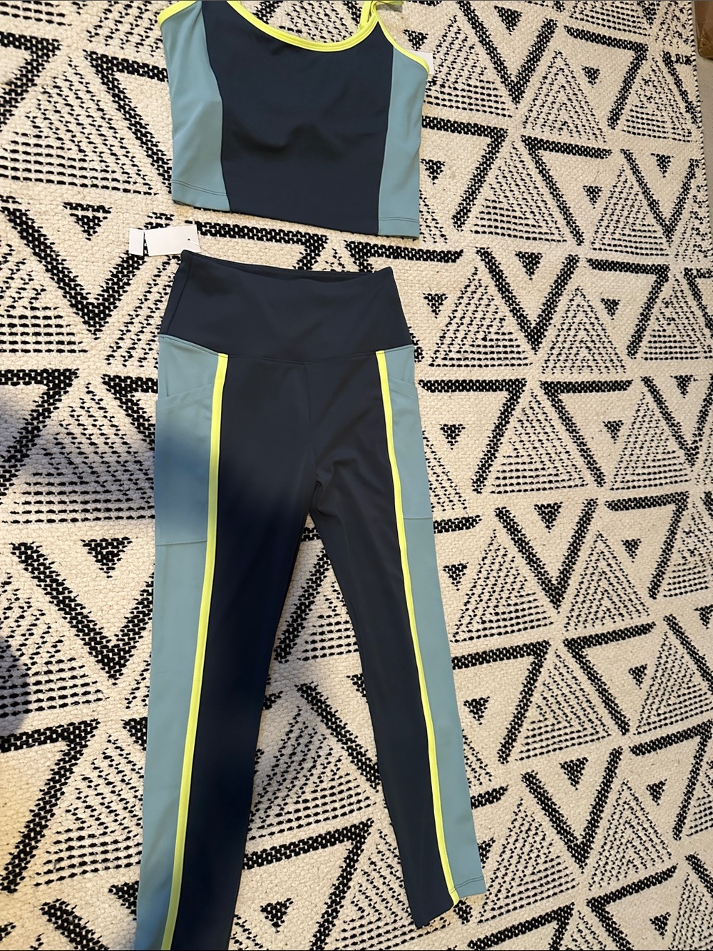 Lou & Grey Navy and Sage Colorblock Tank Top and Leggings with Yellow Trim